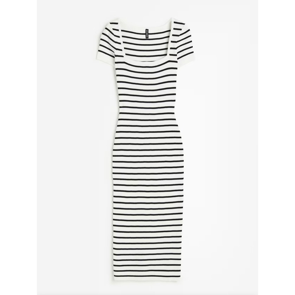 H&M Divided Womens Striped Rib Knit Square Neck Midi Dress Cream Black Small NEW